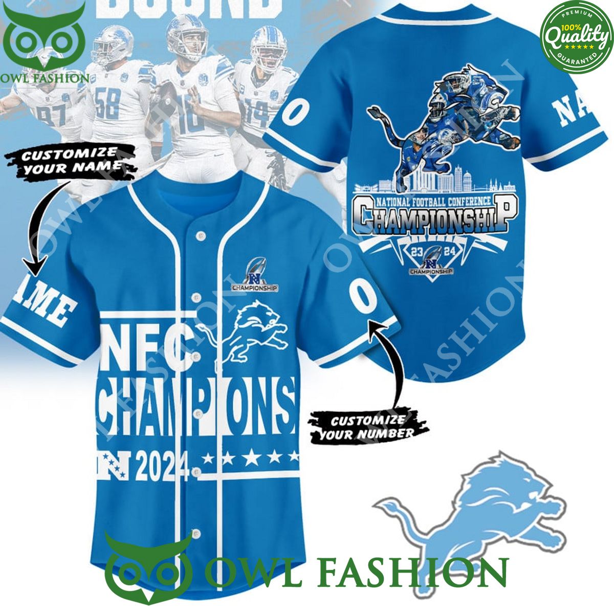 NFC Champions 2024 Detroit Lions Football Conference Custom Name Number baseball jersey football jersey product view 1