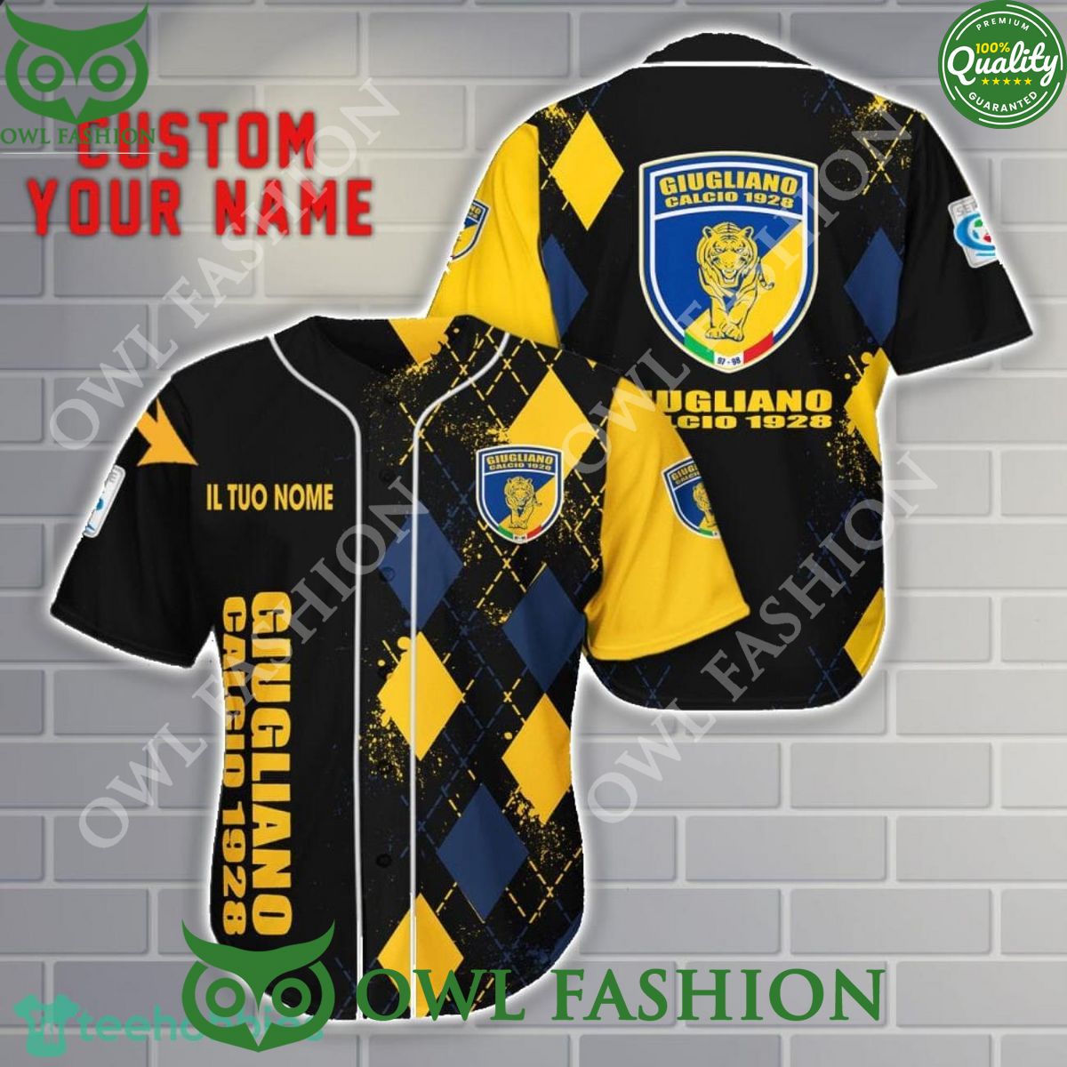 Giugliano Calcio 1928 Custom Name Yellow Black 3D Baseball Jersey Shirt baseball jersey product view 1