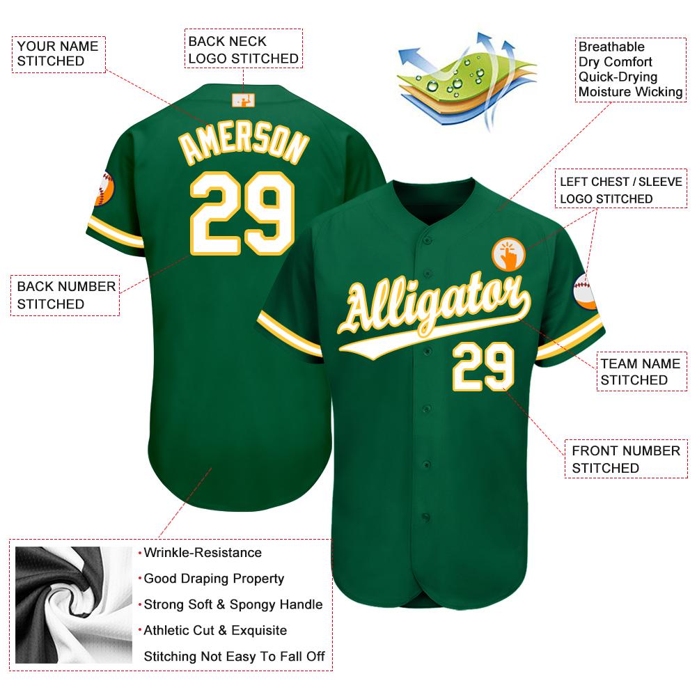 Custom Kelly Green White-Gold Baseball Jersey baseball jersey product view 4