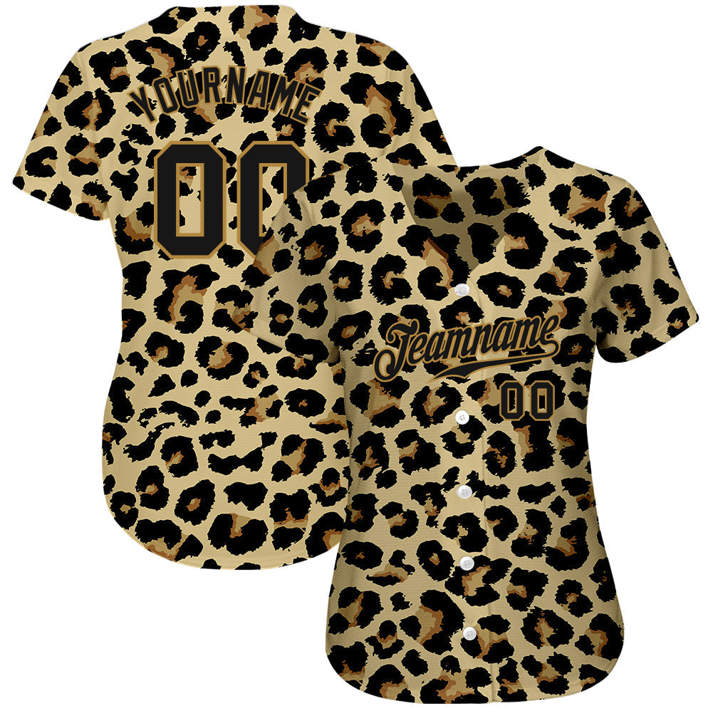 Custom Old Gold Black-Old Gold 3D Pattern Design Leopard Authentic Baseball Jersey baseball jersey product view 2