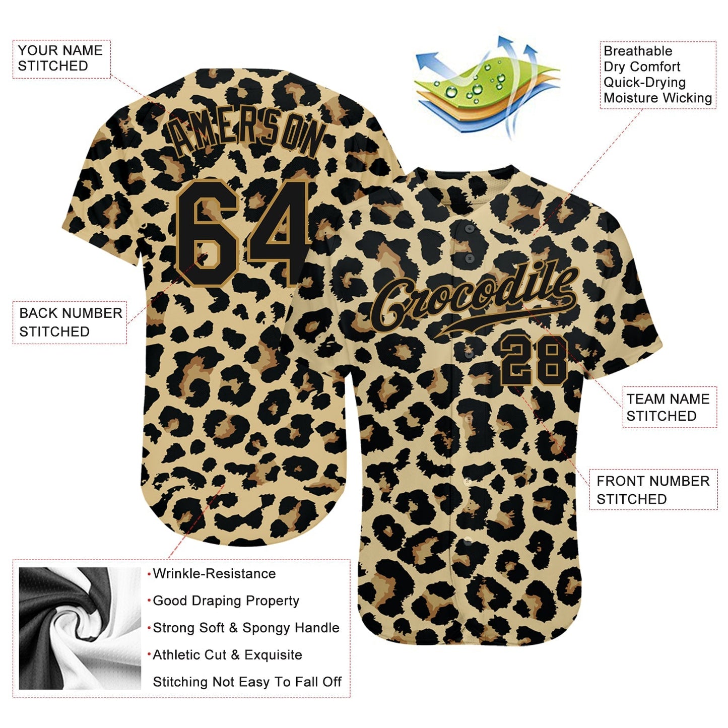 Custom Old Gold Black-Old Gold 3D Pattern Design Leopard Authentic Baseball Jersey baseball jersey product view 3