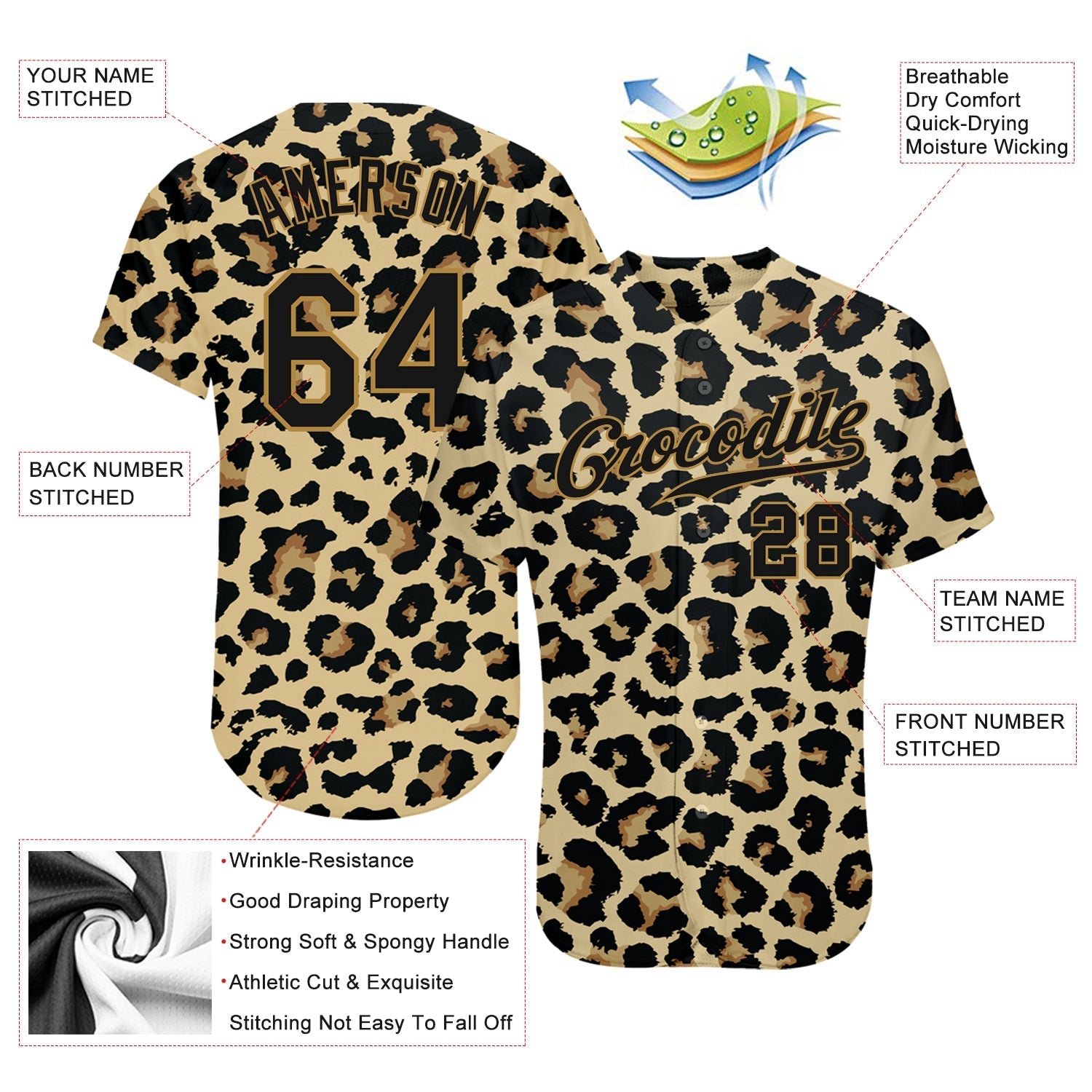 Custom Old Gold Black-Old Gold 3D Pattern Design Leopard Authentic Baseball Jersey baseball jersey product view 3