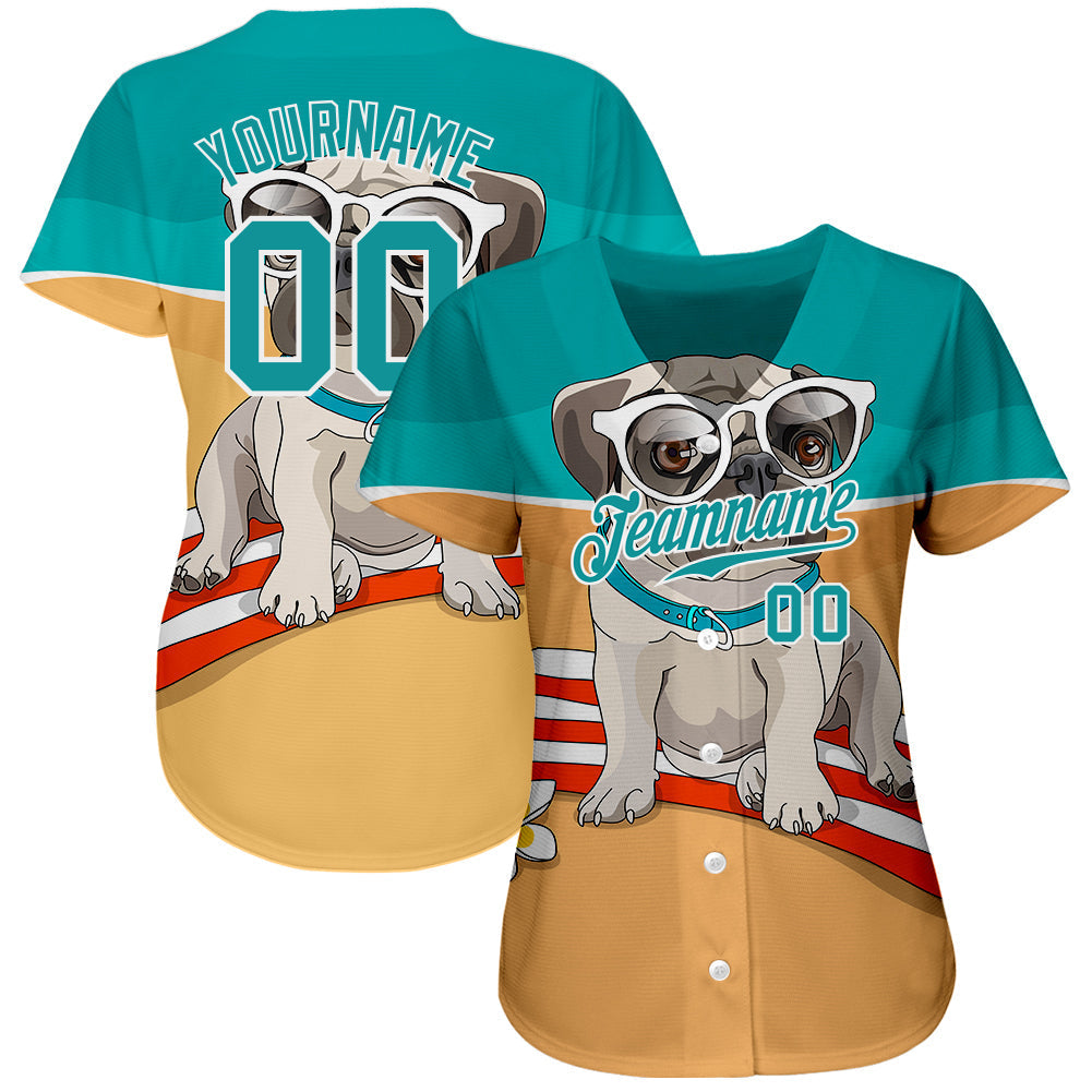 Custom Old Gold Teal-White 3D Pattern Design Puppy Pug Authentic Baseball Jersey baseball jersey product view 2