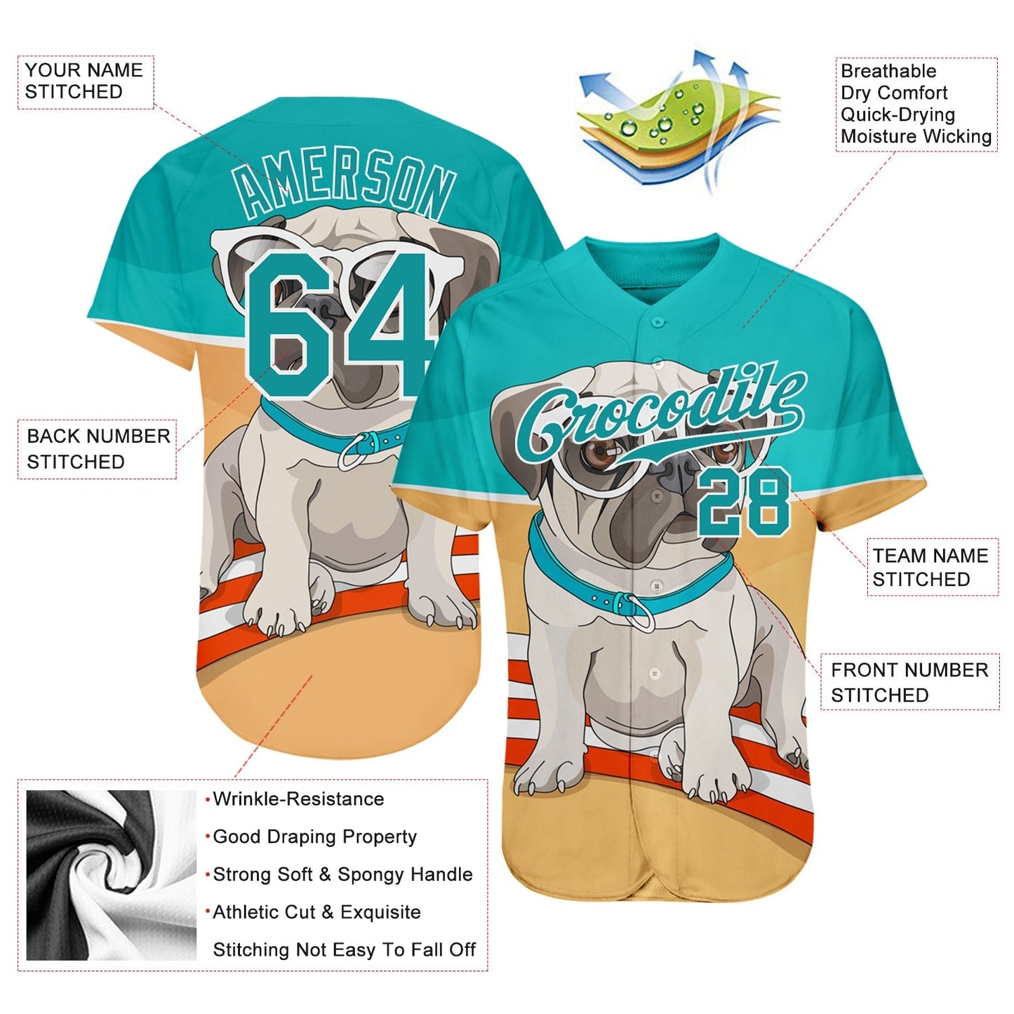 Custom Old Gold Teal-White 3D Pattern Design Puppy Pug Authentic Baseball Jersey baseball jersey product view 3