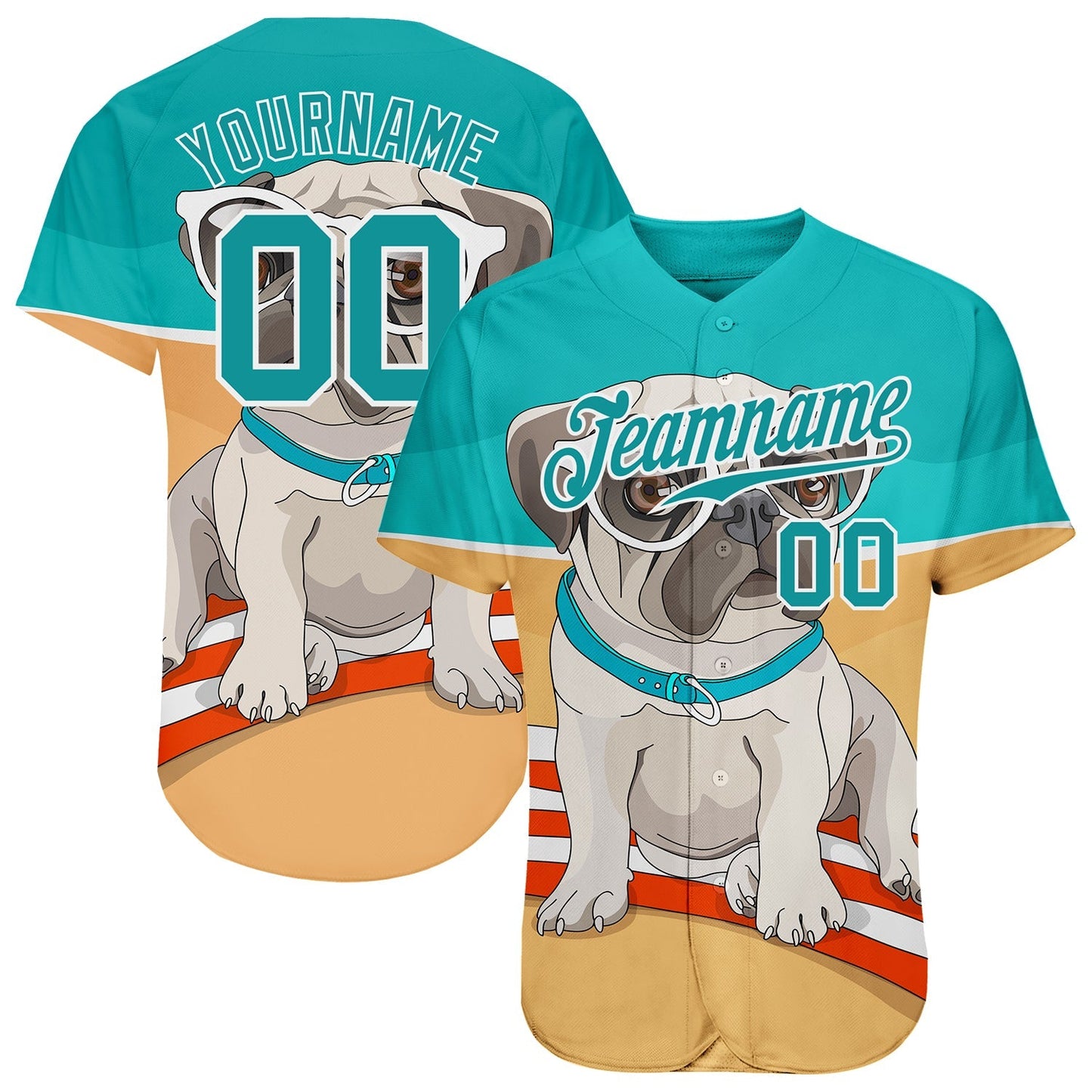 Custom Old Gold Teal-White 3D Pattern Design Puppy Pug Authentic Baseball Jersey baseball jersey product view 1