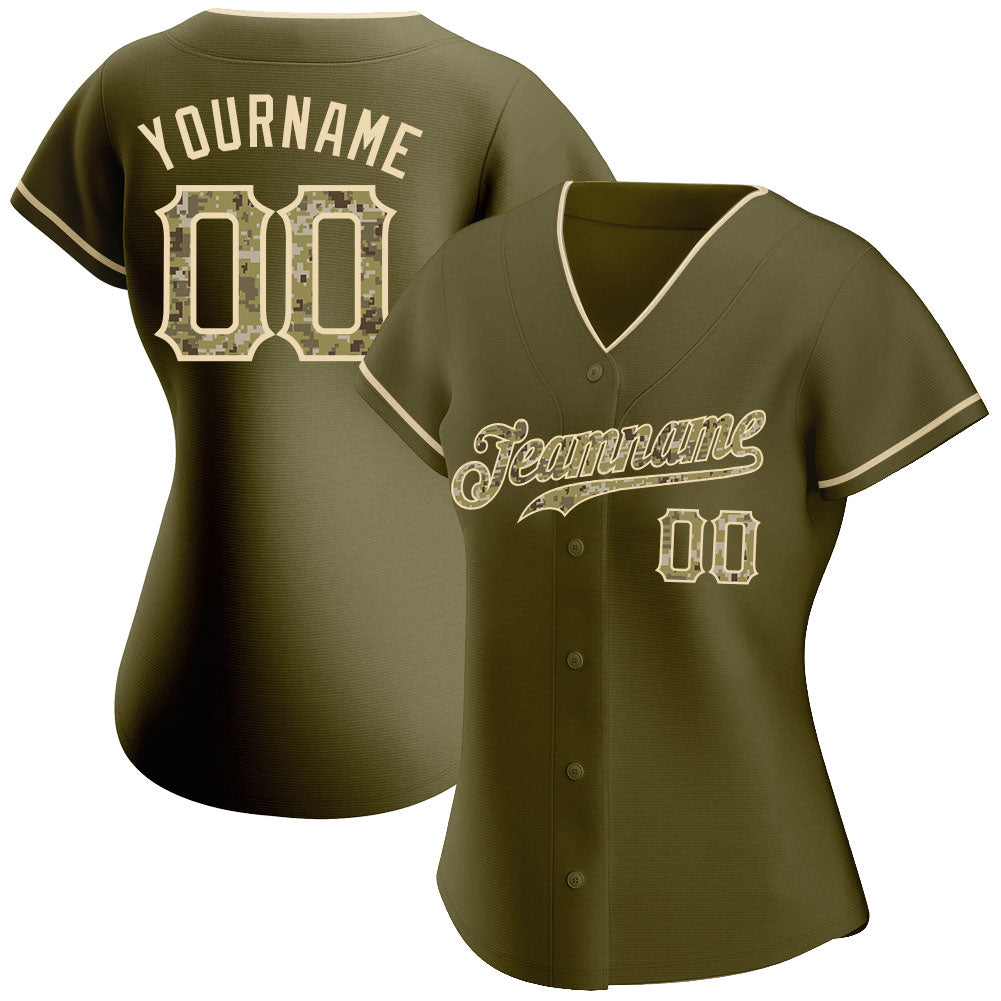 Custom Olive Camo-City Cream Authentic Salute To Service Baseball Jersey baseball jersey product view 2