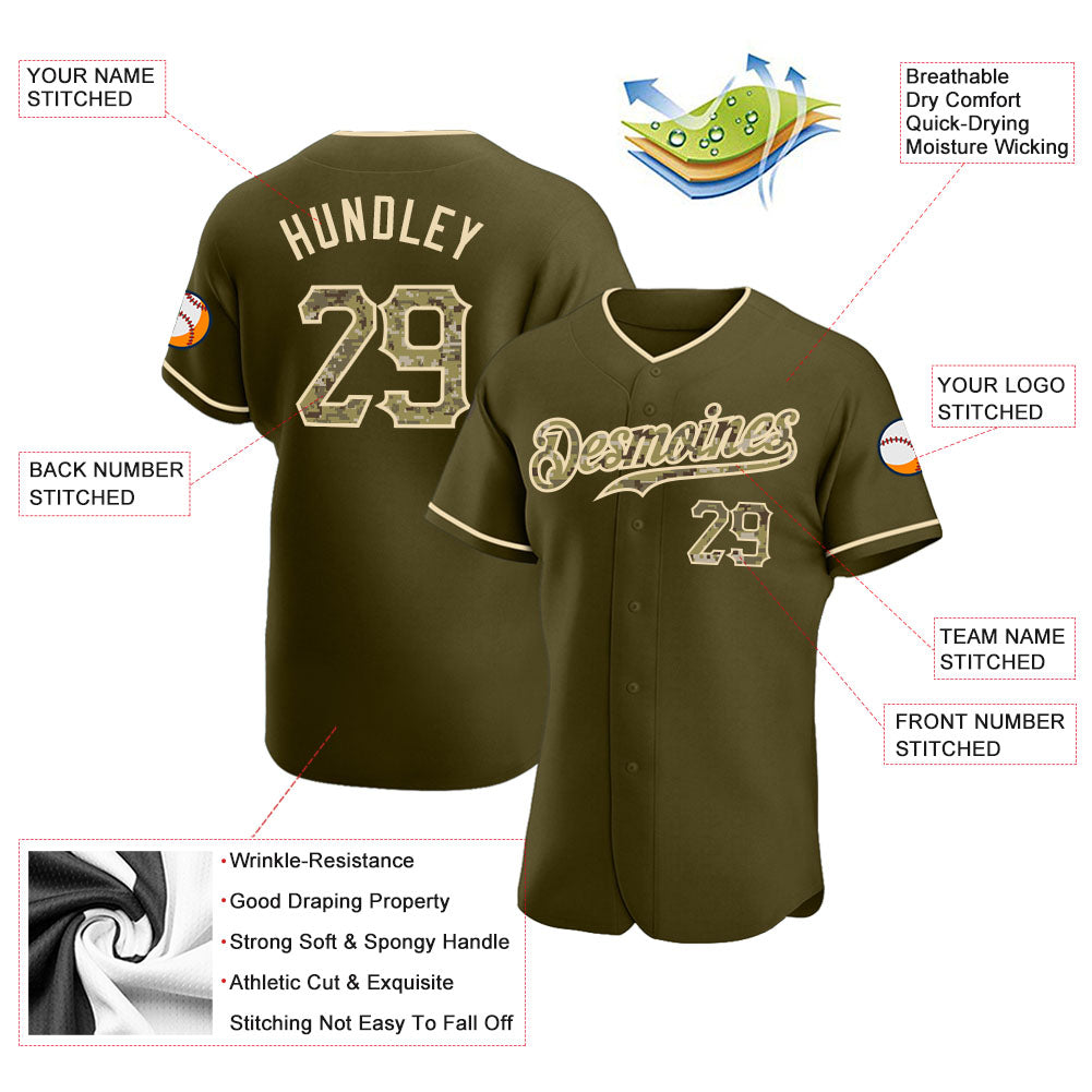 Custom Olive Camo-City Cream Authentic Salute To Service Baseball Jersey baseball jersey product view 3