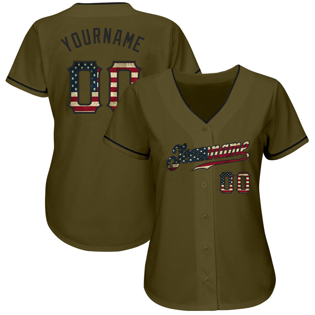 Custom Olive Vintage USA Flag-Black Authentic Salute To Service Baseball Jersey baseball jersey product view 2