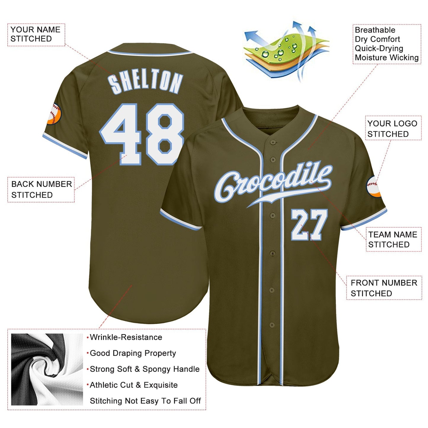 Custom Olive White-Light Blue Authentic Salute To Service Baseball Jersey baseball jersey product view 3