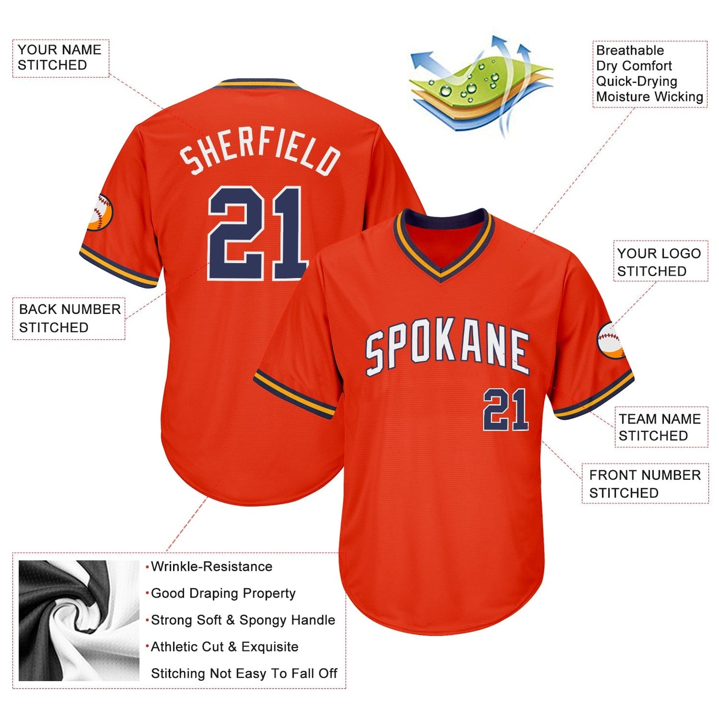 Custom Orange Navy-Gold Authentic Throwback Rib-Knit Baseball Jersey Shirt baseball jersey product view 4