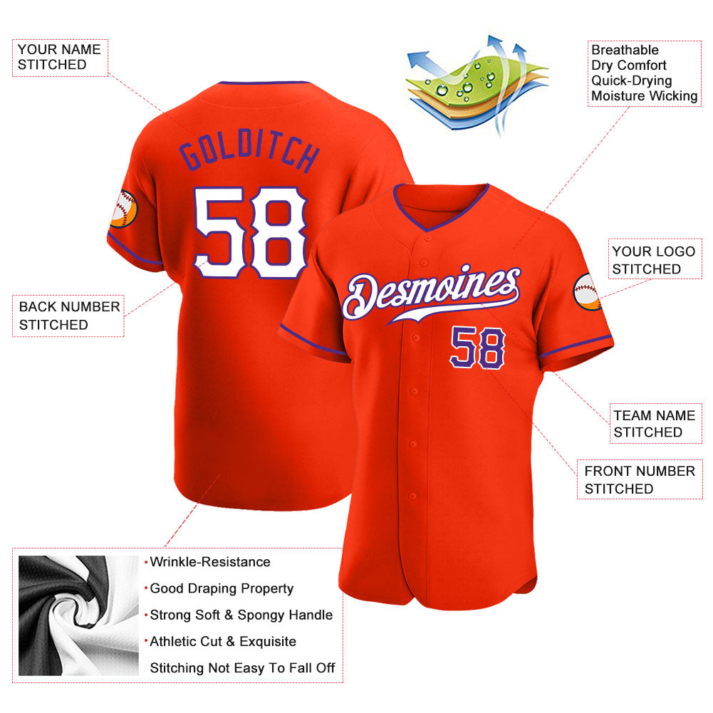 Custom Orange White-Purple Authentic Baseball Jersey baseball jersey product view 3
