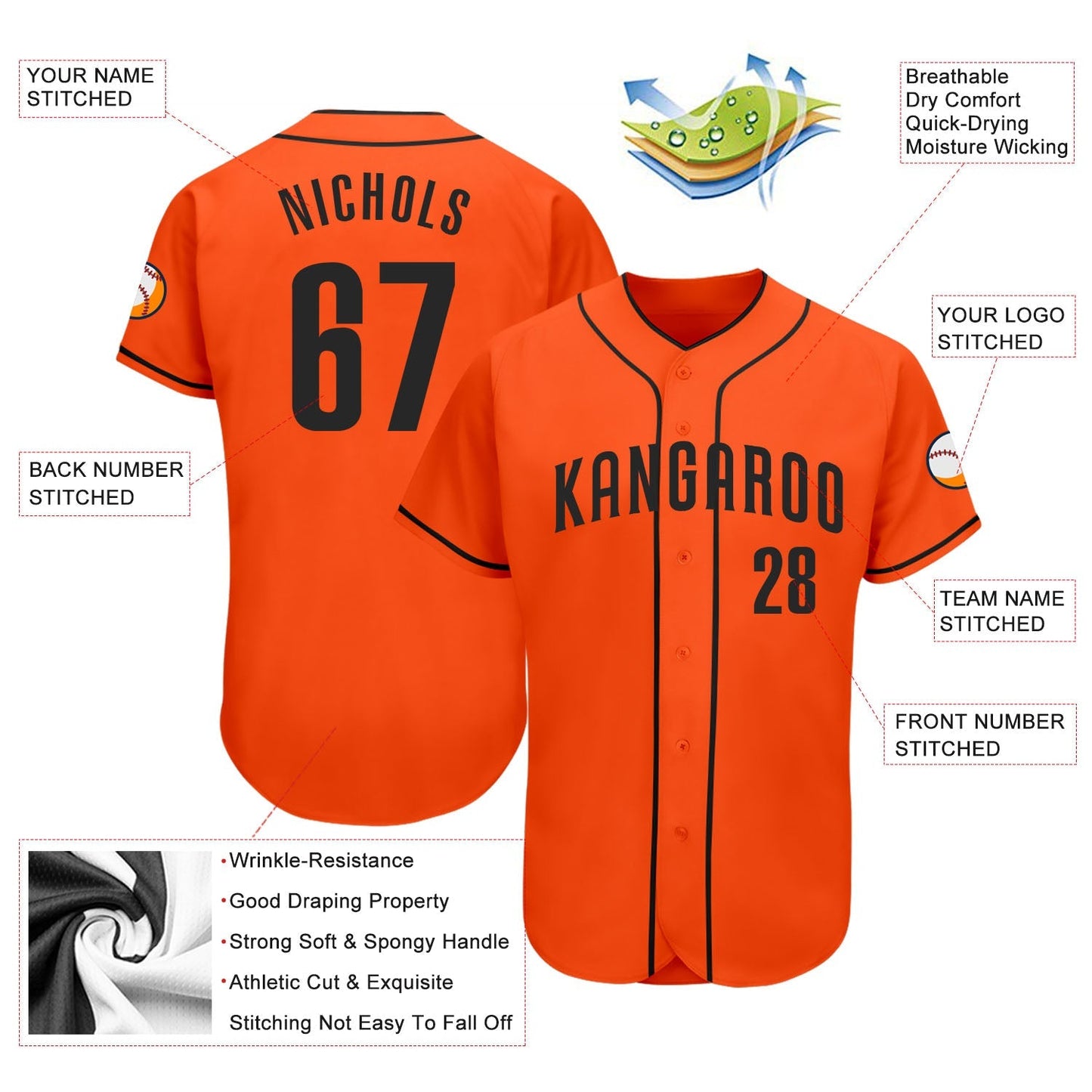 Custom Orange Black Authentic Baseball Jersey baseball jersey product view 3