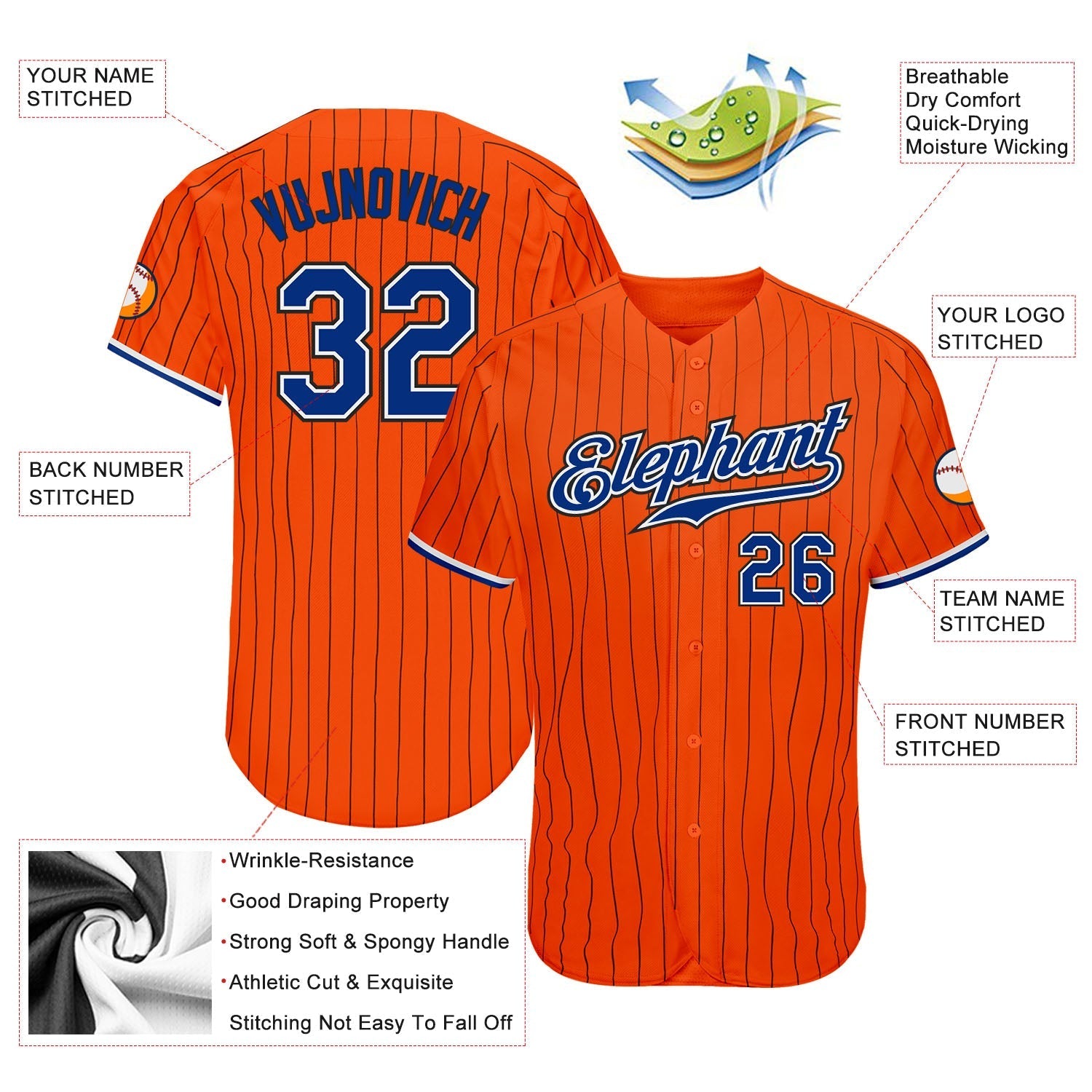 Custom Orange Black Pinstripe Royal-Black Authentic Baseball Jersey baseball jersey product view 3