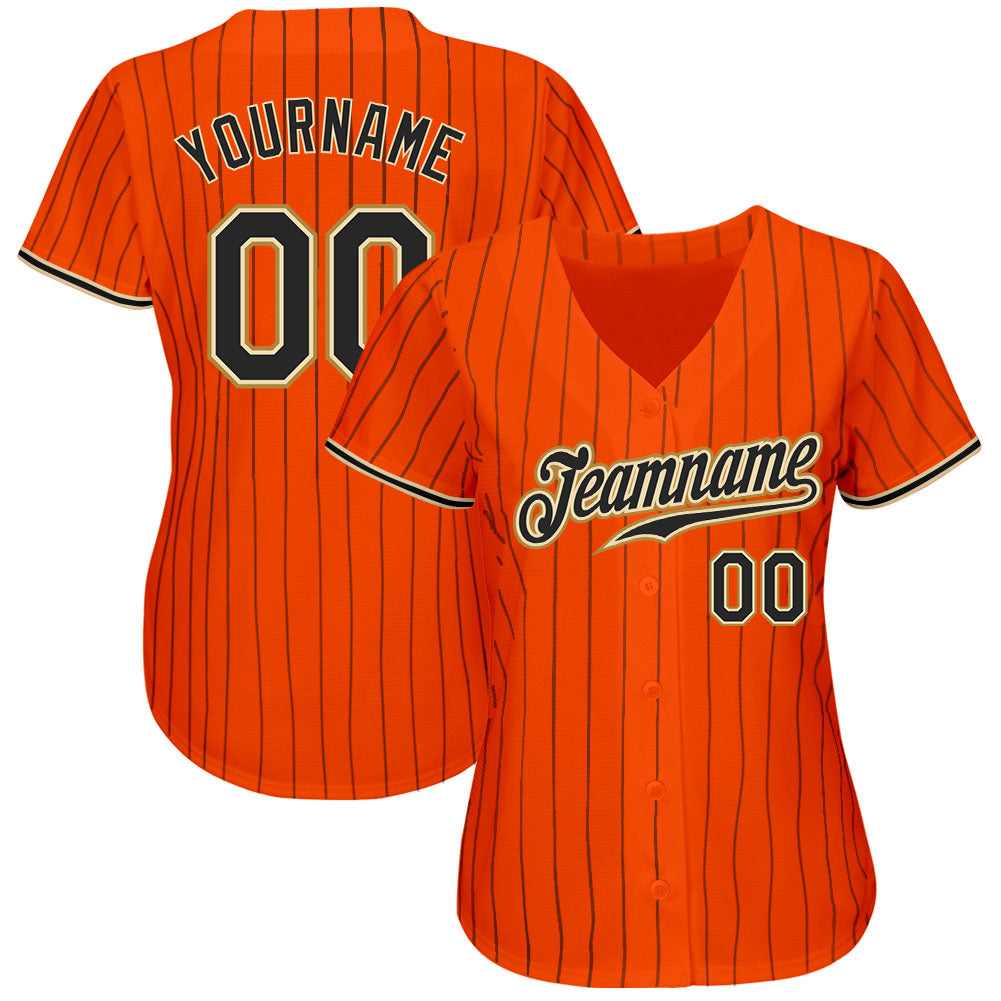 Custom Orange Black Pinstripe Black-Old Gold Authentic Baseball Jersey baseball jersey product view 2