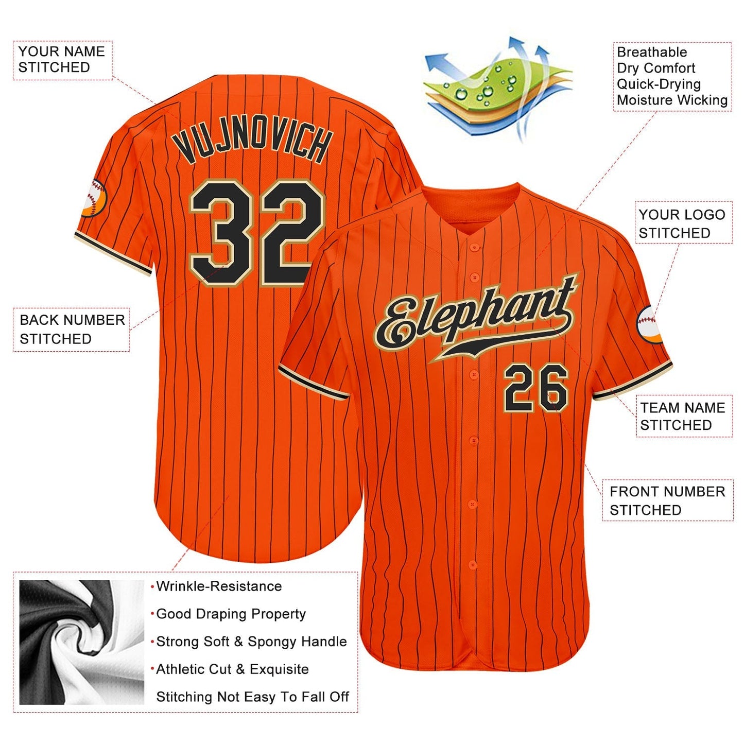Custom Orange Black Pinstripe Black-Old Gold Authentic Baseball Jersey baseball jersey product view 3
