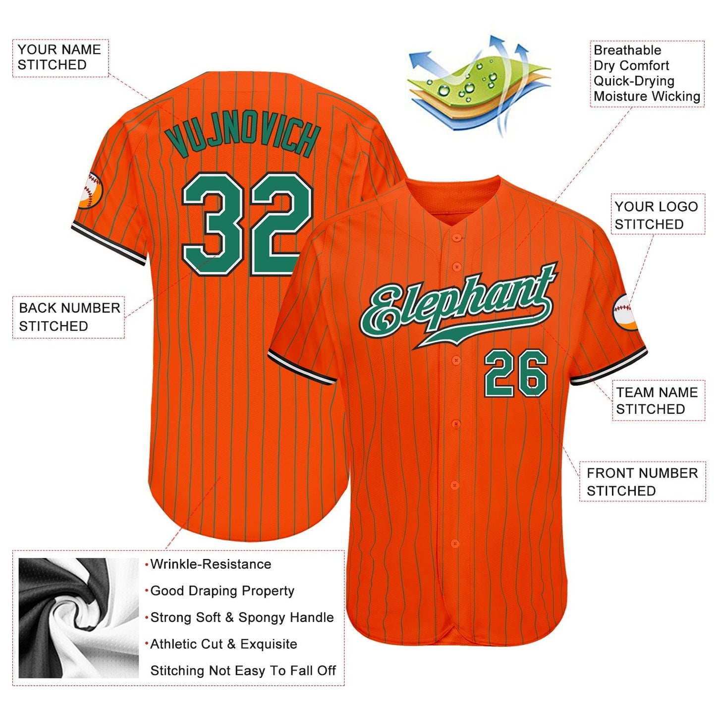 Custom Orange Kelly Green Pinstripe Kelly Green-Black Authentic Baseball Jersey baseball jersey product view 3