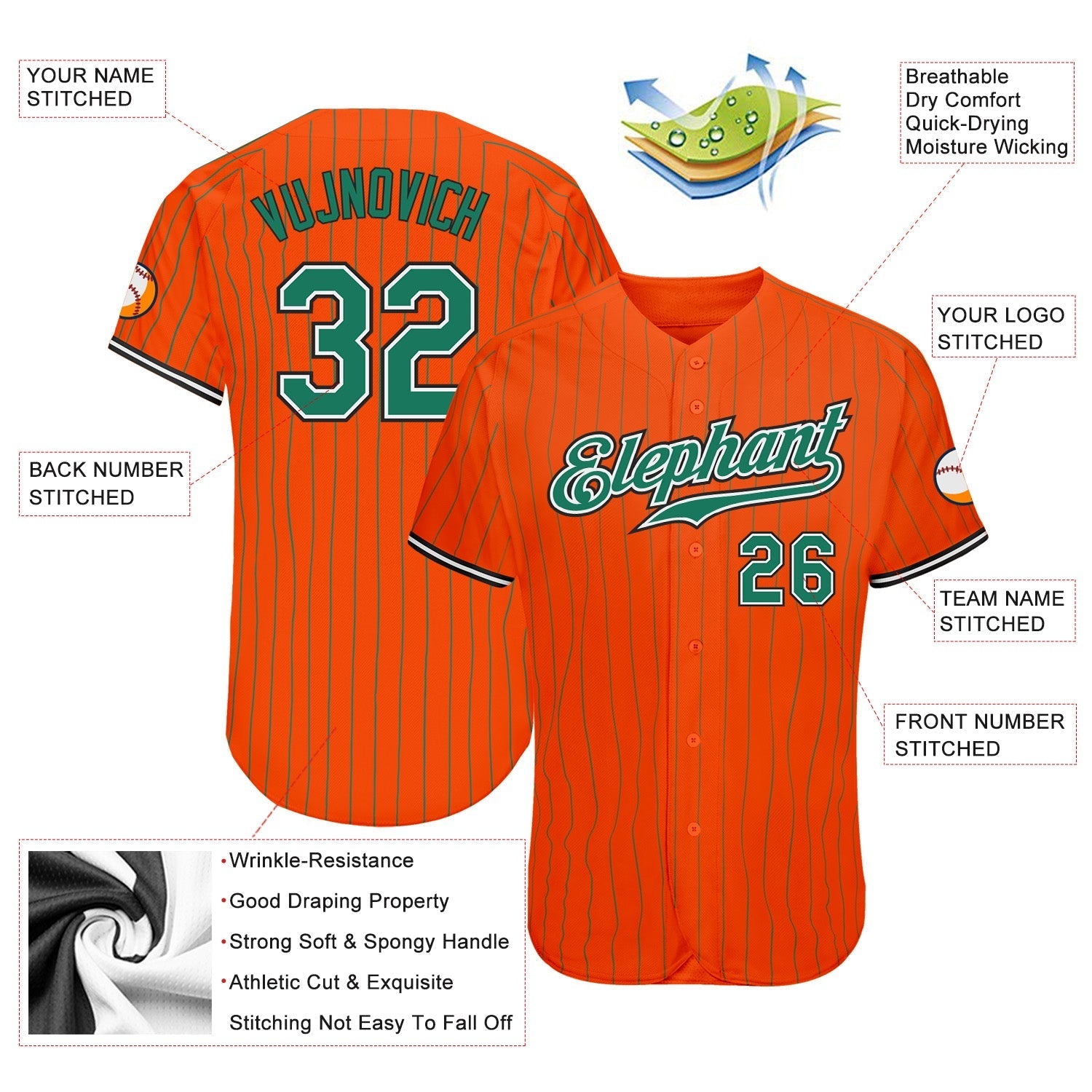 Custom Orange Kelly Green Pinstripe Kelly Green-Black Authentic Baseball Jersey baseball jersey product view 3