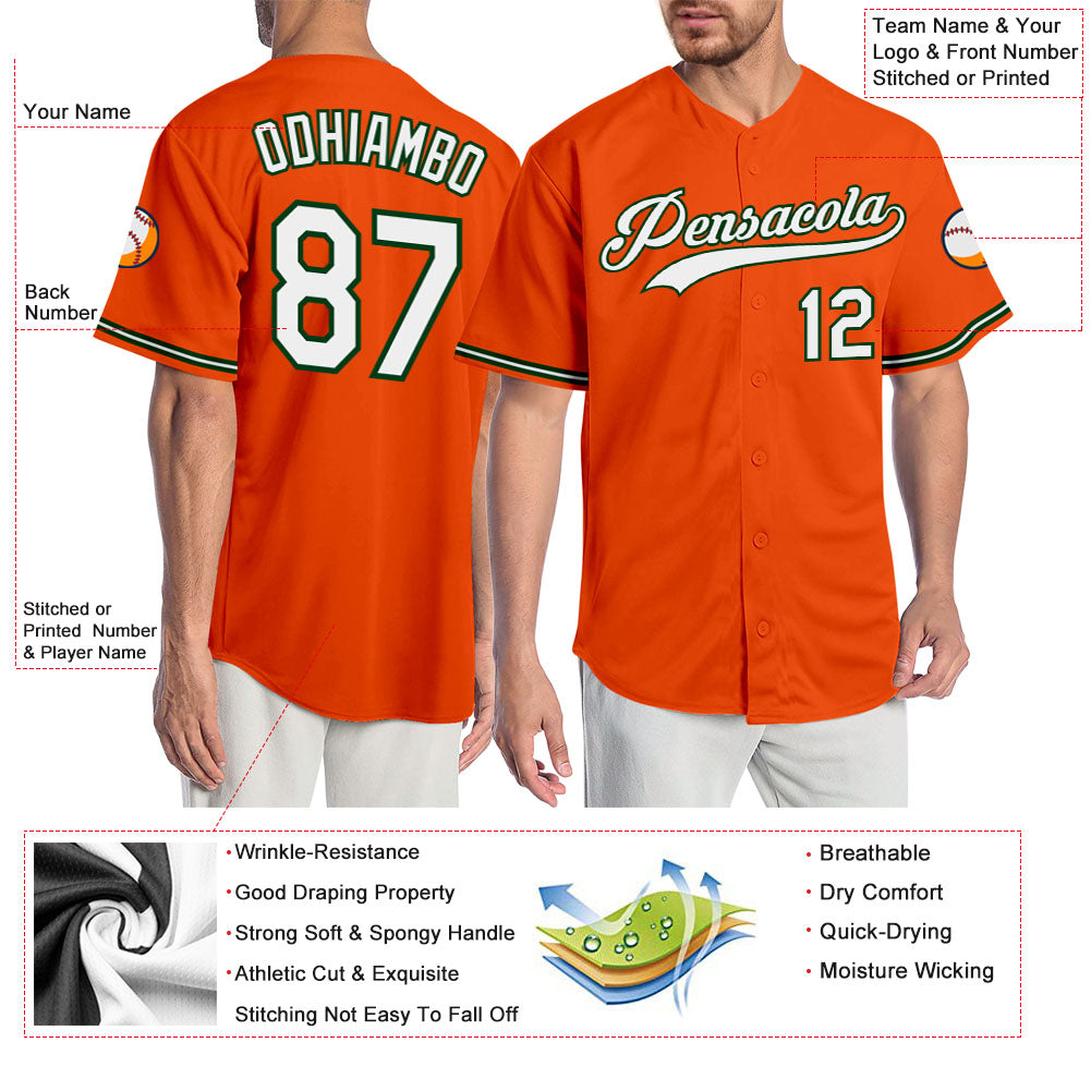 Custom Orange White-Green Authentic Baseball Jersey baseball jersey product view 3
