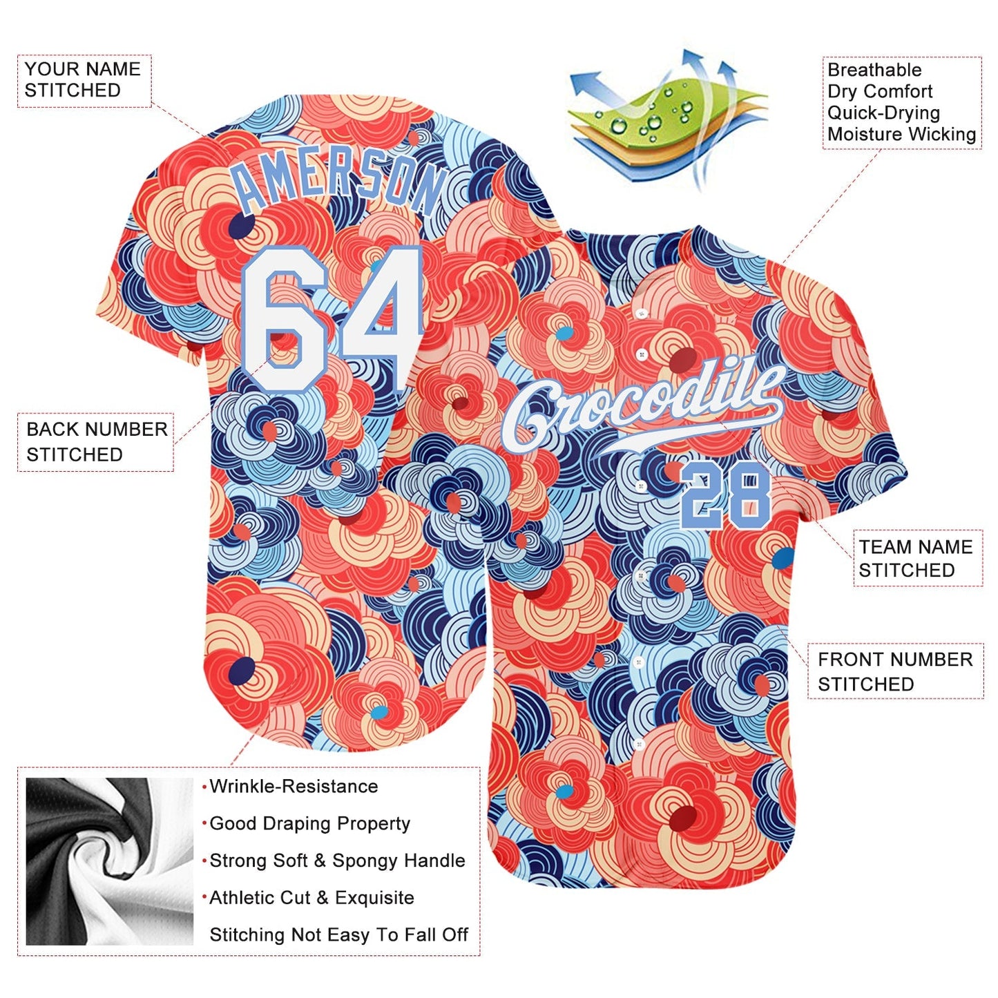 Custom Orange White-Light Blue 3D Pattern Design Flowers Authentic Baseball Jersey baseball jersey product view 3