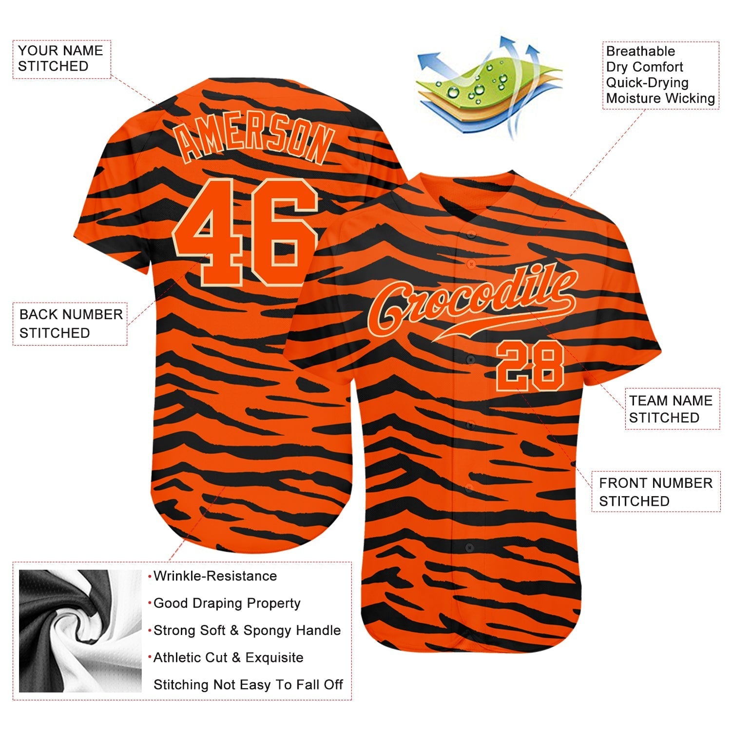 Custom Orange Orange-Black 3D Pattern Design Tiger Authentic Baseball Jersey baseball jersey product view 3