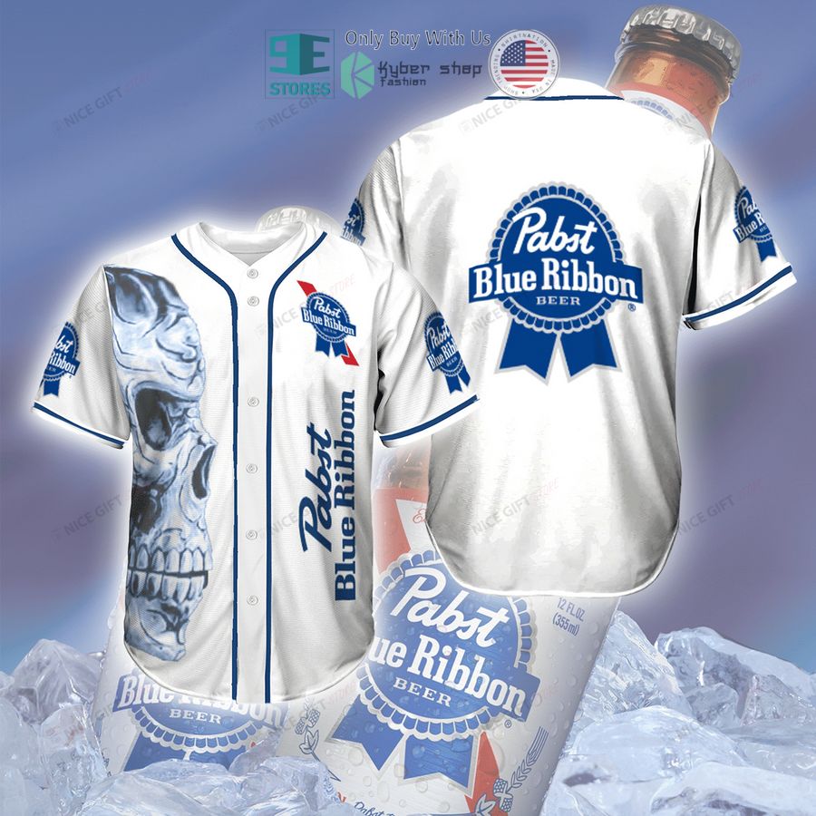 BEST Pabst Blue Ribbon Beer logo skull white Baseball Jersey baseball jersey product view 1