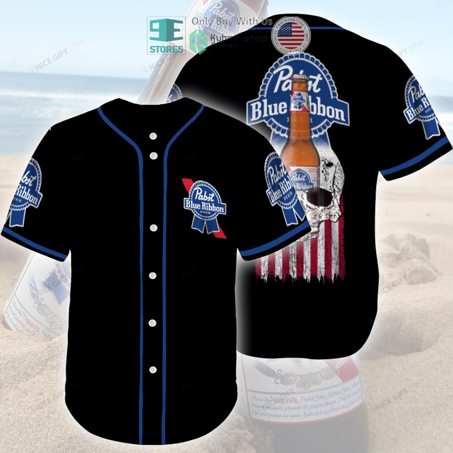 BEST Pabst Blue Ribbon Skull United States Flag black Baseball Jersey baseball jersey product view 1