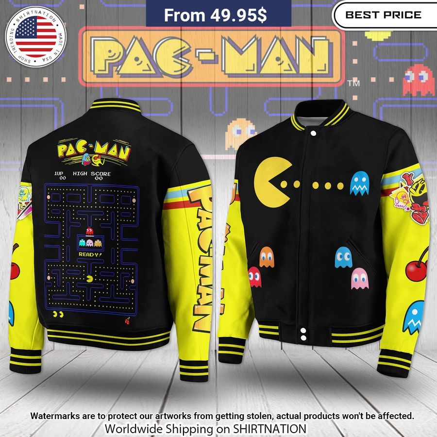 Pac-Man Ready Baseball Jacket baseball jersey product view 1