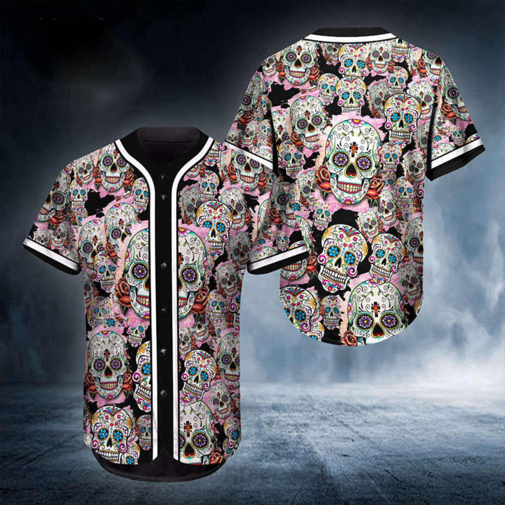 Pattern Color Sugar Skull Baseball Jersey - Aopprinter baseball jersey product view 2