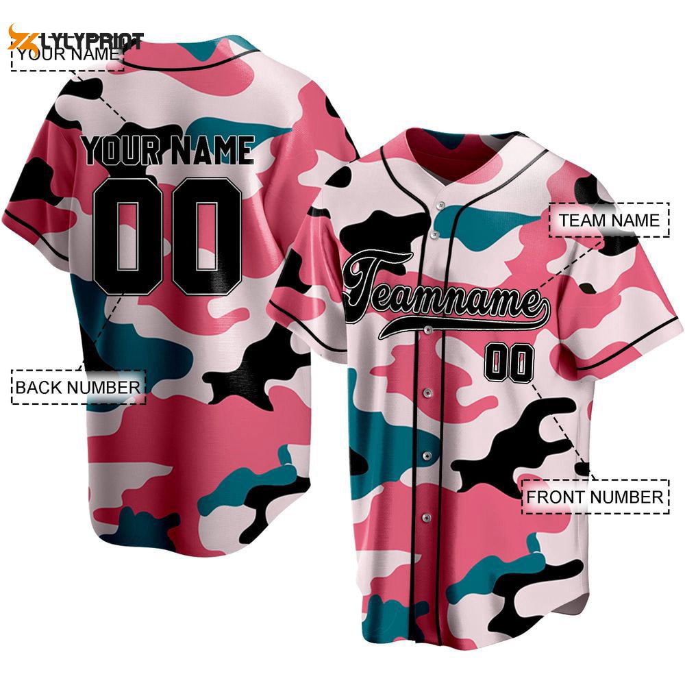 Peacock Blue Pink Camouflage Baseball Jersey - lylyprint.com baseball jersey product view 1