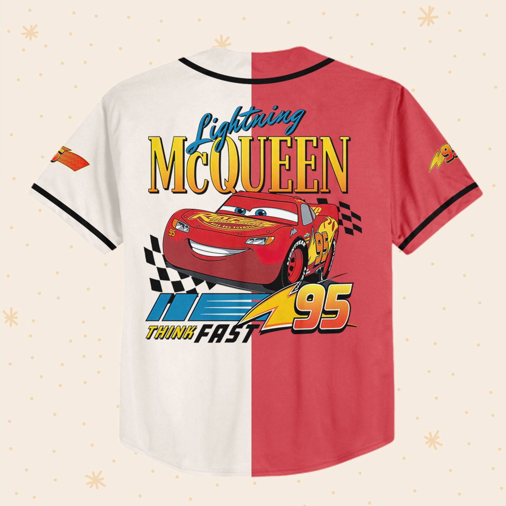 Personalize Cars Lightning McQueen Think Fast 95 Baseball Jersey - lylyprint.com baseball jersey product view 3
