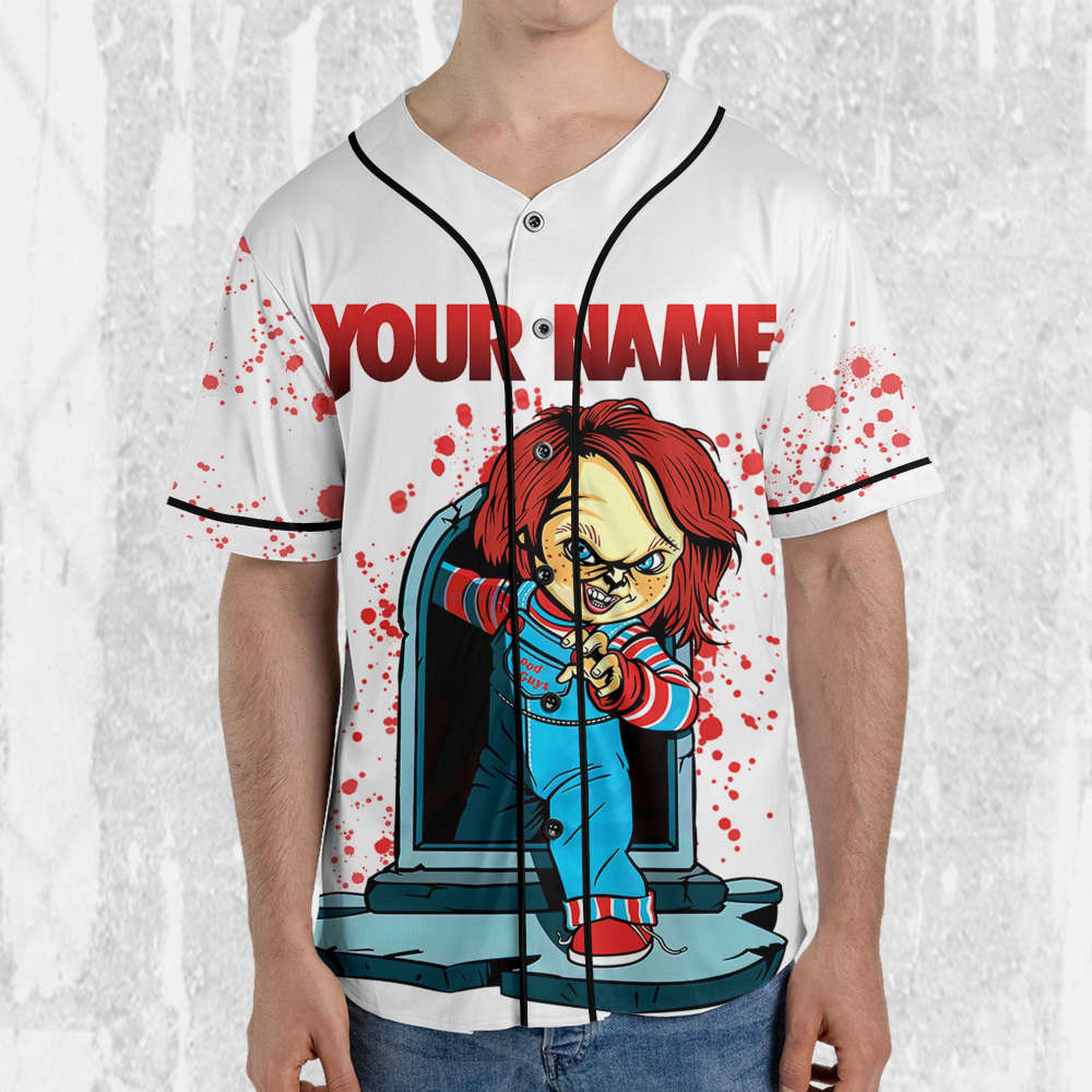 Personalize Child's Play Chucky Blood Jersey, Halloween Chucky Jersey, Chucky Baseball Jersey - lylyprint.com baseball jersey product view 4