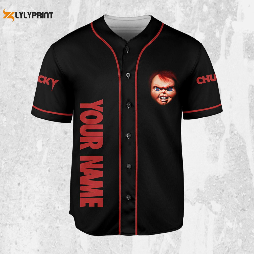 Personalize Child's Play Chucky Scary Black And Red Jersey, Chucky Doll Shirt, Chucky Baseball Jersey - lylyprint.com baseball jersey product view 2