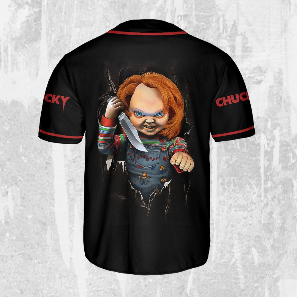 Personalize Child's Play Chucky Scary Black And Red Jersey, Chucky Doll Shirt, Chucky Baseball Jersey - lylyprint.com baseball jersey product view 3