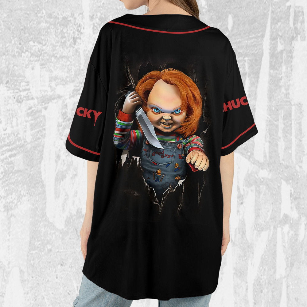 Personalize Child's Play Chucky Scary Black And Red Jersey, Chucky Doll Shirt, Chucky Baseball Jersey - lylyprint.com baseball jersey product view 5