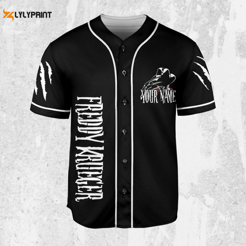 Personalize Freddy Krueger Black And White Jersey, Horror Jersey, Freddy Baseball Jersey - lylyprint.com baseball jersey product view 1