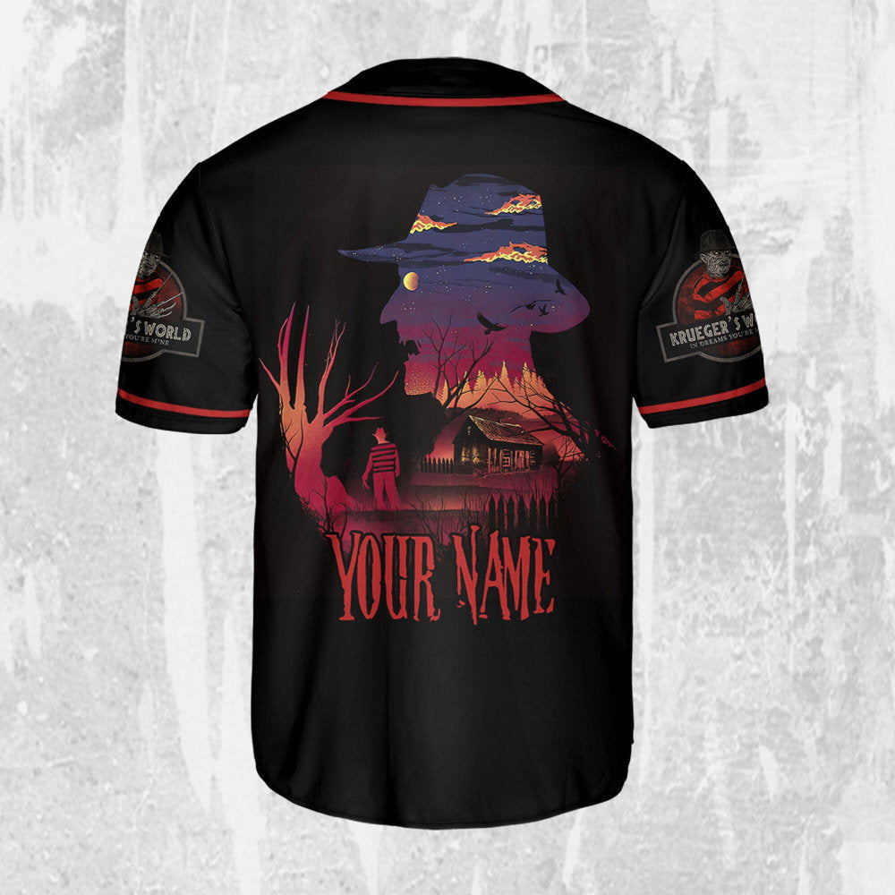 Personalize Freddy Krueger Krueger's World In Dreams You're Mine Jersey, Freddy Baseball Jersey - lylyprint.com baseball jersey product view 3