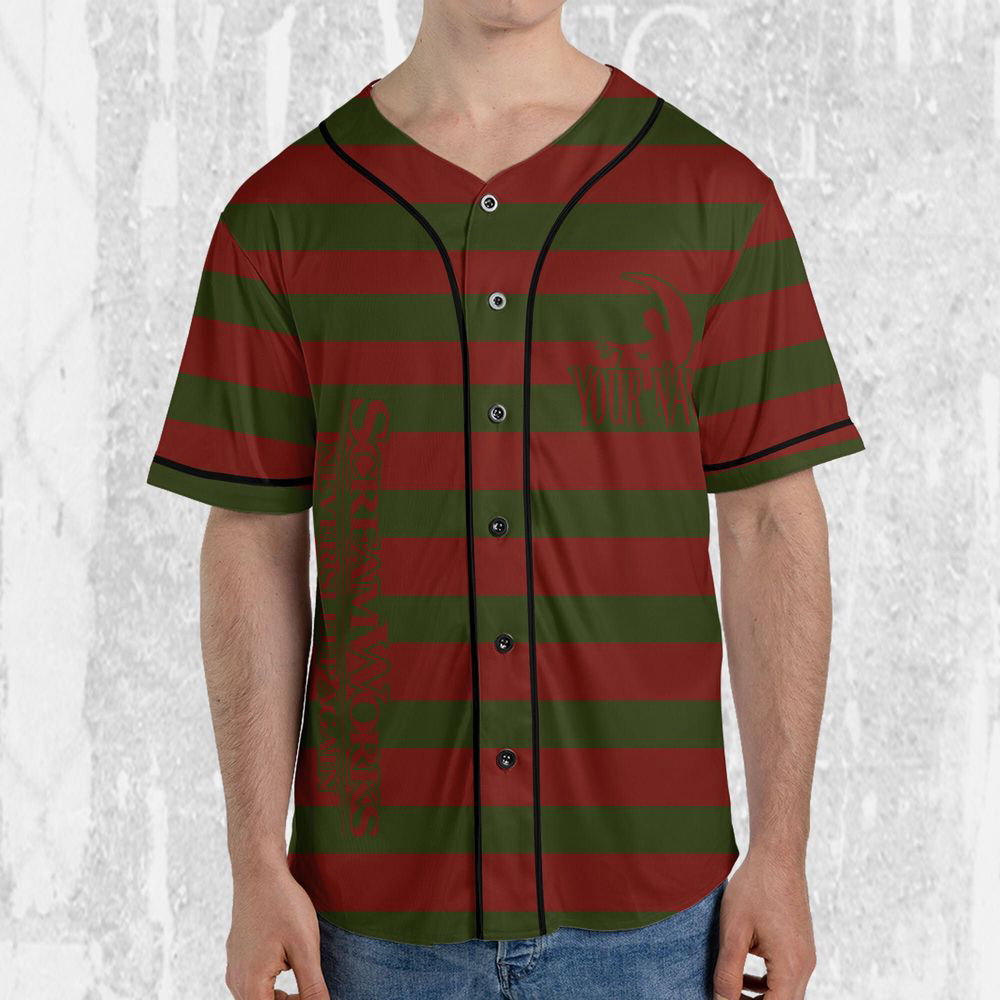 Personalize Freddy Krueger Nightmare Cosplay Jersey, Horror Jersey, Freddy Baseball Jersey - lylyprint.com baseball jersey product view 4