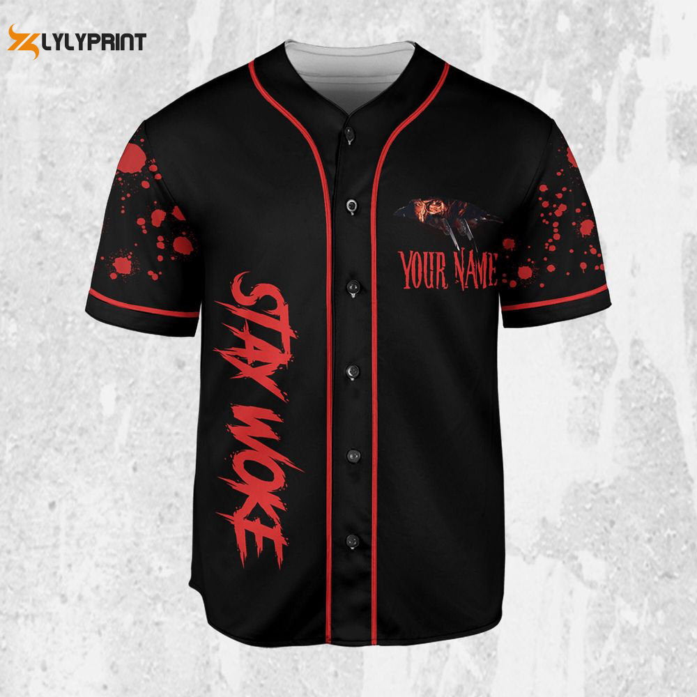 Personalize Freddy Krueger Stay Woke Jersey, Horror Jersey, Freddy Baseball Jersey - lylyprint.com baseball jersey product view 2