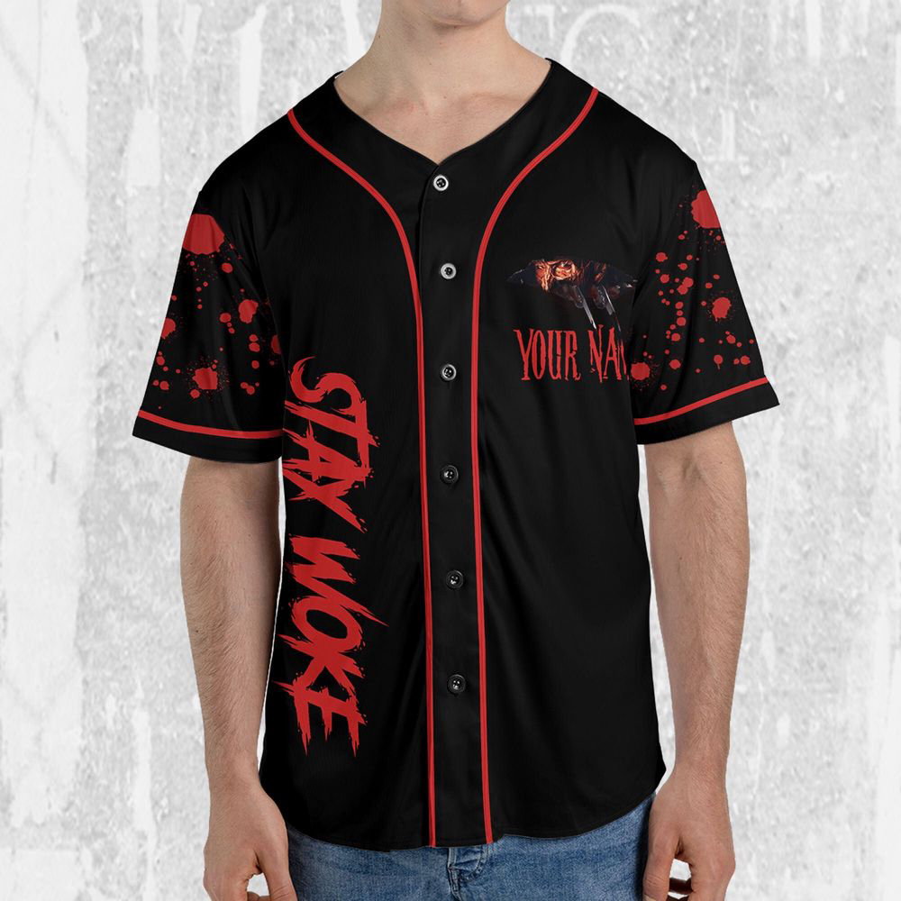 Personalize Freddy Krueger Stay Woke Jersey, Horror Jersey, Freddy Baseball Jersey - lylyprint.com baseball jersey product view 4