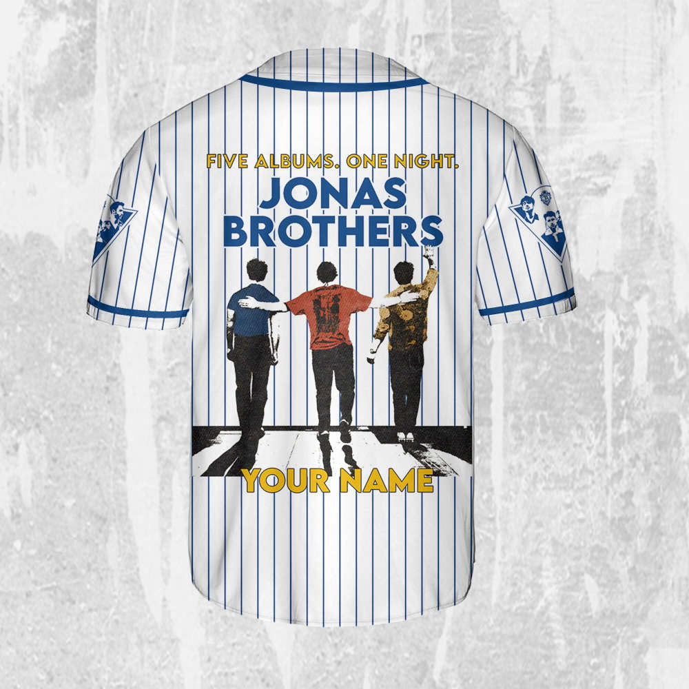 Personalize Jonas Brothers Five Albums One Night Color Blue Jersey, Jonas Brothers Baseball Jersey, Custom Baseball Jersey, Music Concert baseball jersey product view 3