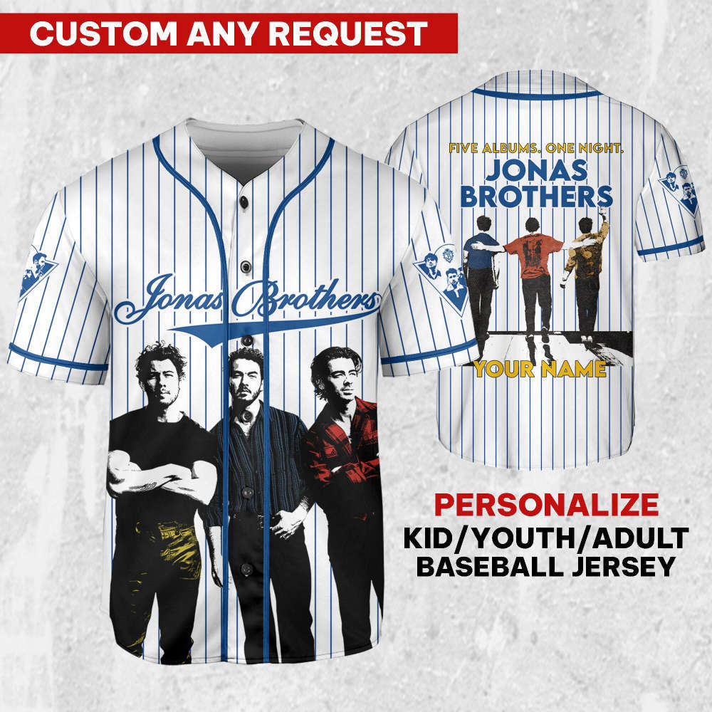Personalize Jonas Brothers Five Albums One Night Color Blue Jersey, Jonas Brothers Baseball Jersey, Custom Baseball Jersey, Music Concert - Aopprinter baseball jersey product view 1