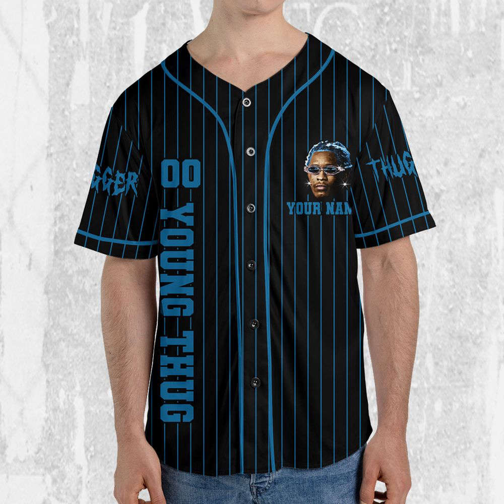 Personalize Young Thug Black And Blue Jersey, Young Thug Baseball Jersey - lylyprint.com baseball jersey product view 3