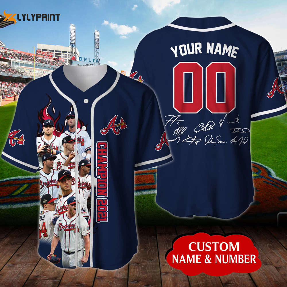 Personalized Atlanta Braves Signatures All Over Print 3D Baseball Jersey - Navy - lylyprint.com baseball jersey product view 1