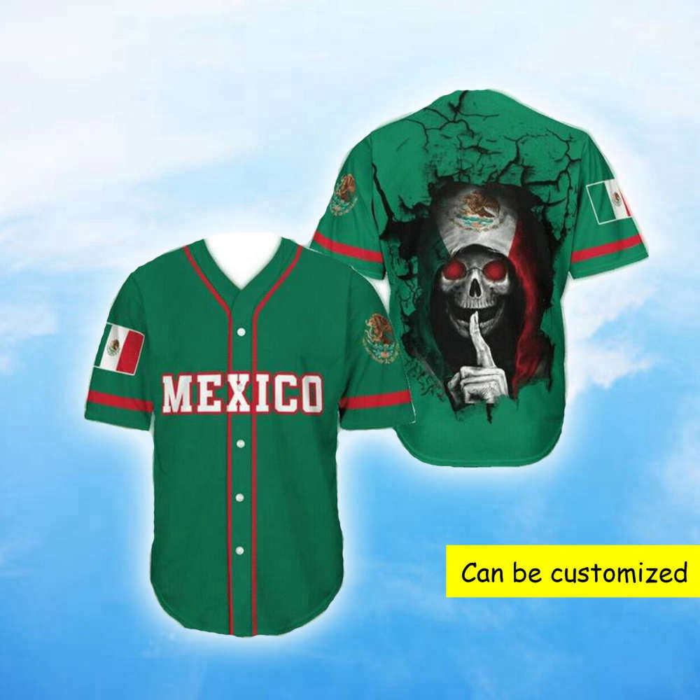 Personalized Aztec Mexican Skull Green Baseball Jersey - Aopprinter baseball jersey product view 2