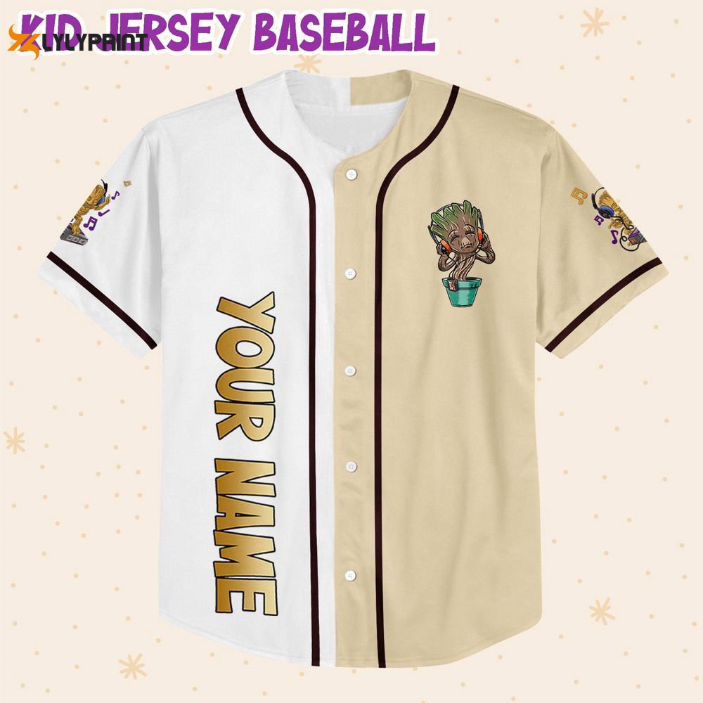 Personalized Baby Groot Listening Music And Dancing Baseball Jersey - lylyprint.com baseball jersey product view 2