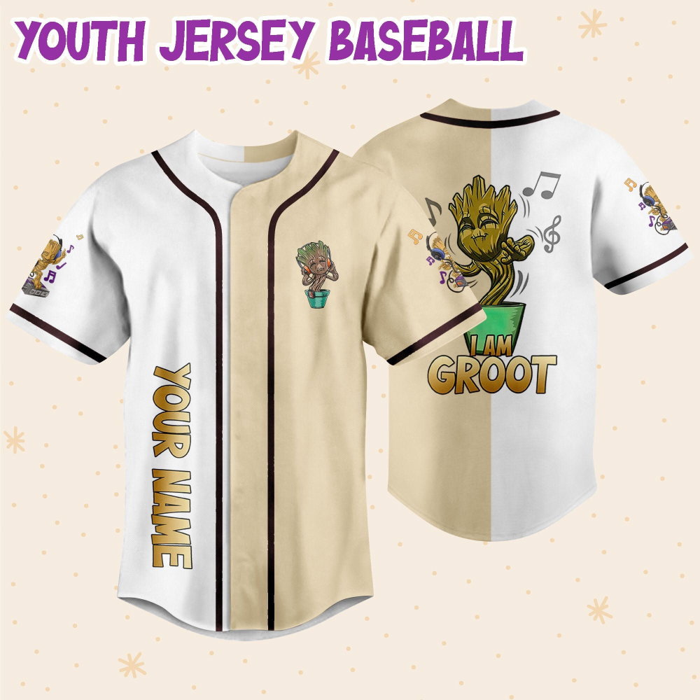 Personalized Baby Groot Listening Music And Dancing Baseball Jersey - lylyprint.com baseball jersey product view 5