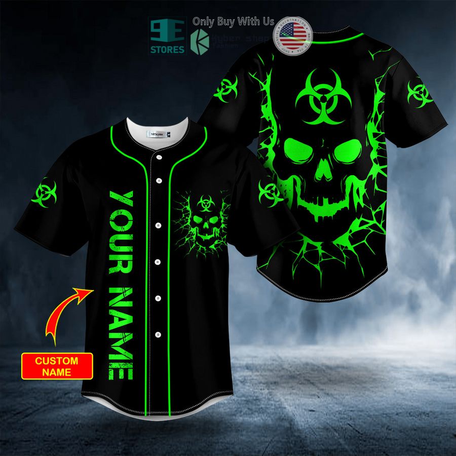 BEST Personalized Biohazard Symbol Green Flame Skull Custom Baseball Shirt baseball jersey product view 1