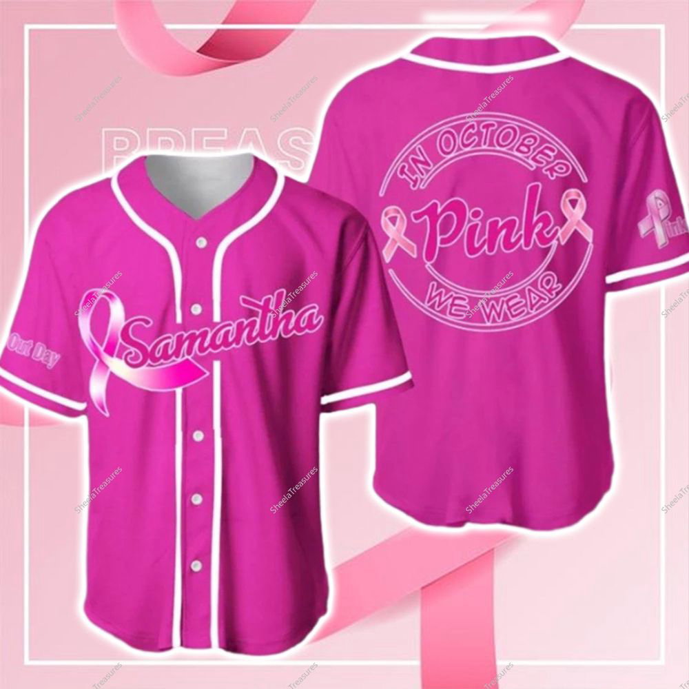 Personalized Breast Cancer Baseball Jersey, In October We Wear Pink Jersey - lylyprint.com baseball jersey product view 2
