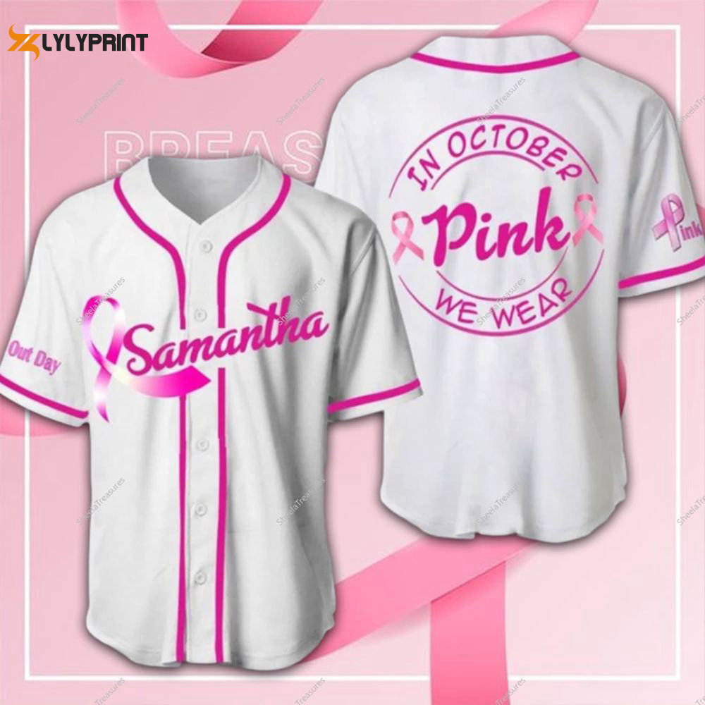 Personalized Breast Cancer Baseball Jersey, In October We Wear Pink Jersey - lylyprint.com baseball jersey product view 1