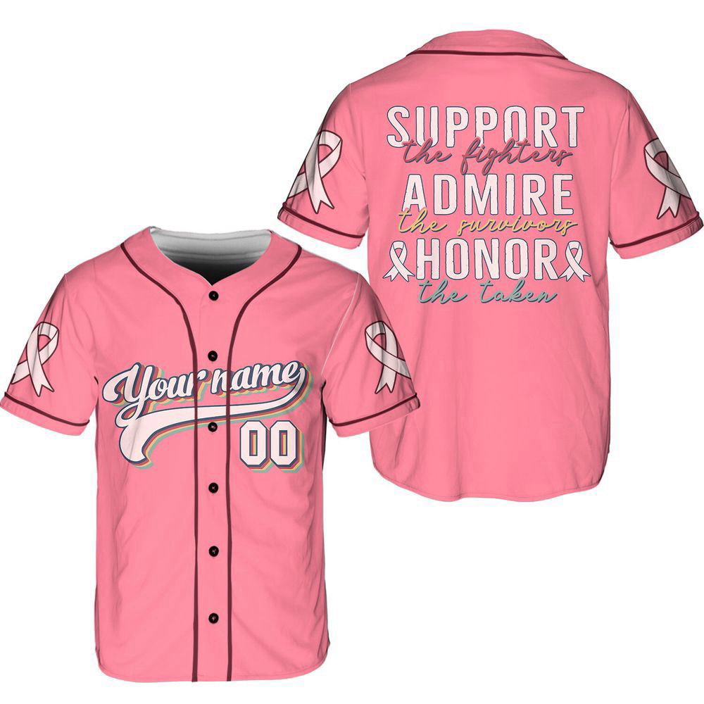 Personalized Breast Cancer Support Name And Number Baseball Jersey For Men Women - lylyprint.com baseball jersey product view 2